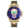 SKMEI 9195 Fashion Water-inlaid Drill Skull Nightlight Waterproof Quartz Watch Steel Strip Watch for Men(Golden Blue)
