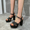 Summer Waterproof Platform Suede Chunky High Heels One Word Buckle Strap Women Sandals, Size: 37(Black)
