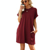 Women Spring Summer Round Neck Pocket Loose Short Sleeve Dress, Size: XXL(Wine Red)