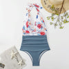 Summer One-piece Backless Lace-Up Ladies Swimsuit Floral-print Halter Bikini, Size: XL(Red Flower+Blue)