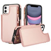 For iPhone 11 Double Flap Zipper RFID Leather Phone Case with Short Lanyard(Rose Gold)
