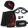 YUKE Men Swimming Set Includes Swim Trunks Glasses Cap Carry Bag, Size: XXXL(Red Flame)