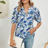 Women V-neck Loose Short-sleeved Printed T-shirt Top, Size: S(Blue Cashew)