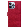 For iPhone 14 Pro Max Lace Floral Embossed Magnetic Buckle Leather Phone Case(Red)