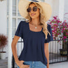 Spring and Summer Square Neck Pleated Short Sleeve Ladies Loose T-Shirt Top, Size: S(Navy)