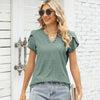 Women V-Neck Button Hollow Loose Short Sleeve T-Shirt Blouse, Size: XXL(Dark Green)