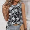 Women Spring Summer Round Neck Printed Vest T-Shirt Top, Size: M(White Flowers On Black)