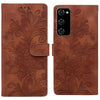 For Samsung Galaxy S20 FE Lace Floral Embossed Magnetic Buckle PU Phone Case With Wrist Strap(Brown)