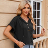 Ladies Summer Hooded Button Loose Short Sleeve T-Shirt Blouse, Size: S(Black)