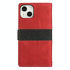 For iPhone 15 Grid Stitching Leather Phone Case with Lanyard(Red)