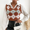 Plaid Sleeveless Ladies V Neck Knit Crop Top Sweater Vest, Size:M(Coffee)