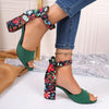 Summer Women Buckle High Heel Sandals Embroidered Chunky Ladies Sandals, Size: 36(Green)