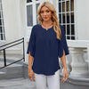 Summer Women Loose Chiffon Blouse Tops Round Neck 5 Points Sleeve Short Sleeve, Size: M(Navy)