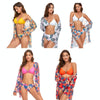 Bikini + Mesh Shawl + Split Swimsuit Women Swimsuit With Chest Pad, Size: M(White Orange Flowers)