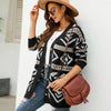 Autumn and Winter Female Diamond Loose Knitted Cardigan Jacquard Medium-length Sweater Jacket, Size: M(Black)