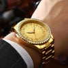 FNGEEN S777 Men Gold-Plated Diamond Zodiac Pattern Quartz Watch(Leather Brown Belt)
