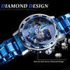 Winner Leisure Skeleton Diamond Luminous Pointer Watch Men Manual Mechanical Watch(Blue Belt Black Shell Blue Face)
