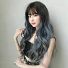 Wig Female Long Hair Big Wave Gradient Full Headgear(Gradient Fog Blue Gray 68CM)