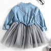 Spring and Summer Girls Long-sleeved Denim Stitching Mesh Dress, Size:110cm(Dark Blue)