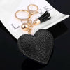 Heart Keychain Leather Tassel Gold Key Holder Metal Crystal Key Chain Keyring Charm Bag Auto Pendant Gift(black)