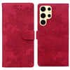 For Samsung Galaxy S25 Ultra 5G Lace Floral Embossed Magnetic Buckle PU Phone Case With Wrist Strap(Red)