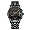 NIBOSI 2353 Three-eye Six-needle Timing Sports Quartz Watch for Men(Black Gold Steel)