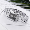 Square Dial Diamond Plated Hollow Alloy Bracelet Strap Quartz Watch for Women(Silver band black surface)
