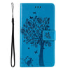 For Samsung Galaxy A26 5G Global Tree & Cat Embossed Pattern Flip Leather Phone Case(Blue)