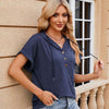 Ladies Summer Hooded Button Loose Short Sleeve T-Shirt Blouse, Size: XL(Navy)