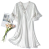 Scalloped Edge V-Neck Mid Sleeve Loose Women Nightdress, Size:M(White)