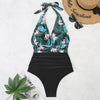 Summer One-piece Backless Lace-Up Ladies Swimsuit Floral-print Halter Bikini, Size: XL(Flower+Black)