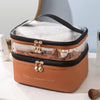 Double Layer Cosmetic Bag PU Transparent Waterproof Travel Portable Large Capacity Storage Bag(Brown)