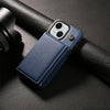 For iPhone 14 Plus Three Fold Card Bag Phone Case with Long Lanyard(Blue)