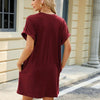 Women Spring Summer Round Neck Pocket Loose Short Sleeve Dress, Size: XXL(Wine Red)