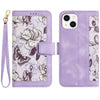 For iPhone 15 Floral Pattern Leather Phone Case with Lanyard(Light Purple)