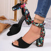 Summer Women Buckle High Heel Sandals Embroidered Chunky Ladies Sandals, Size: 42(Green)