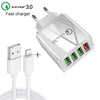 2 in 1 1m USB to 8 Pin Data Cable + 30W QC 3.0 4 USB Interfaces Mobile Phone Tablet PC Universal Quick Charger Travel Charger Set, EU Plug(White)
