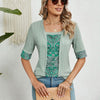 Spring Summer Printed Fake Two-Piece Square Neck Mid-Sleeve Top T-Shirt, Size: L(Green)