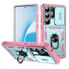 For Samsung Galaxy S25 Ultra 5G Sliding Camshield TPU Hybrid PC Phone Case with Holder(Pink+Green)