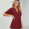 Women Summer Casual V-Neck Hollow Bubble Sleeve Loose T-Shirt, Size: XL(Wine Red)