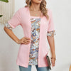 Spring Summer Printed Fake Two-Piece Square Neck Mid-Sleeve Top T-Shirt, Size: L(Pink)
