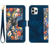 For iPhone 11 Pro Max Floral Pattern Leather Phone Case with Lanyard(Dark Blue)