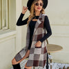 Women Long Suit Collar Sleeveless Sweater Jacket Plaid Jacquard Knit Vest Cardigan, Size: M(Brown)