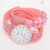 Women Round Dial Flower Diamond Studs Bracelet Watch(Red)