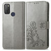 For Alcatel 1S 2021 Four-leaf Clasp Embossed Buckle Mobile Phone Protection Leather Case with Lanyard & Card Slot & Wallet & Bracket Function(Grey)