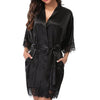 Half Sleeve Robe Women Faux Silk Pajama Sexy Night Dress, Size:L(Black)