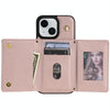 For iPhone 15 Three Fold Card Bag Phone Case with Long Lanyard(Rose Gold)