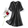 Scalloped Edge V-Neck Mid Sleeve Loose Women Nightdress, Size:XL(Black)