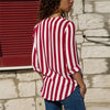 Women Striped Shirt Long Sleeve V-neck Shirts Casual Tops Blouse, Size:XXL(Red)