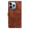 For iPhone 15 Pro Max Lace Floral Embossed Magnetic Buckle Leather Phone Case(Brown)